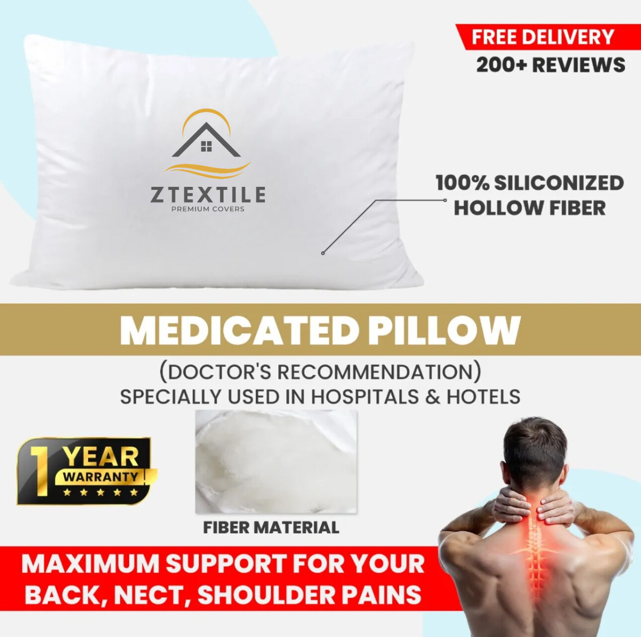 Soft Medicated Pillow Filled With Korean Hollow Fiber For Comfort and Support